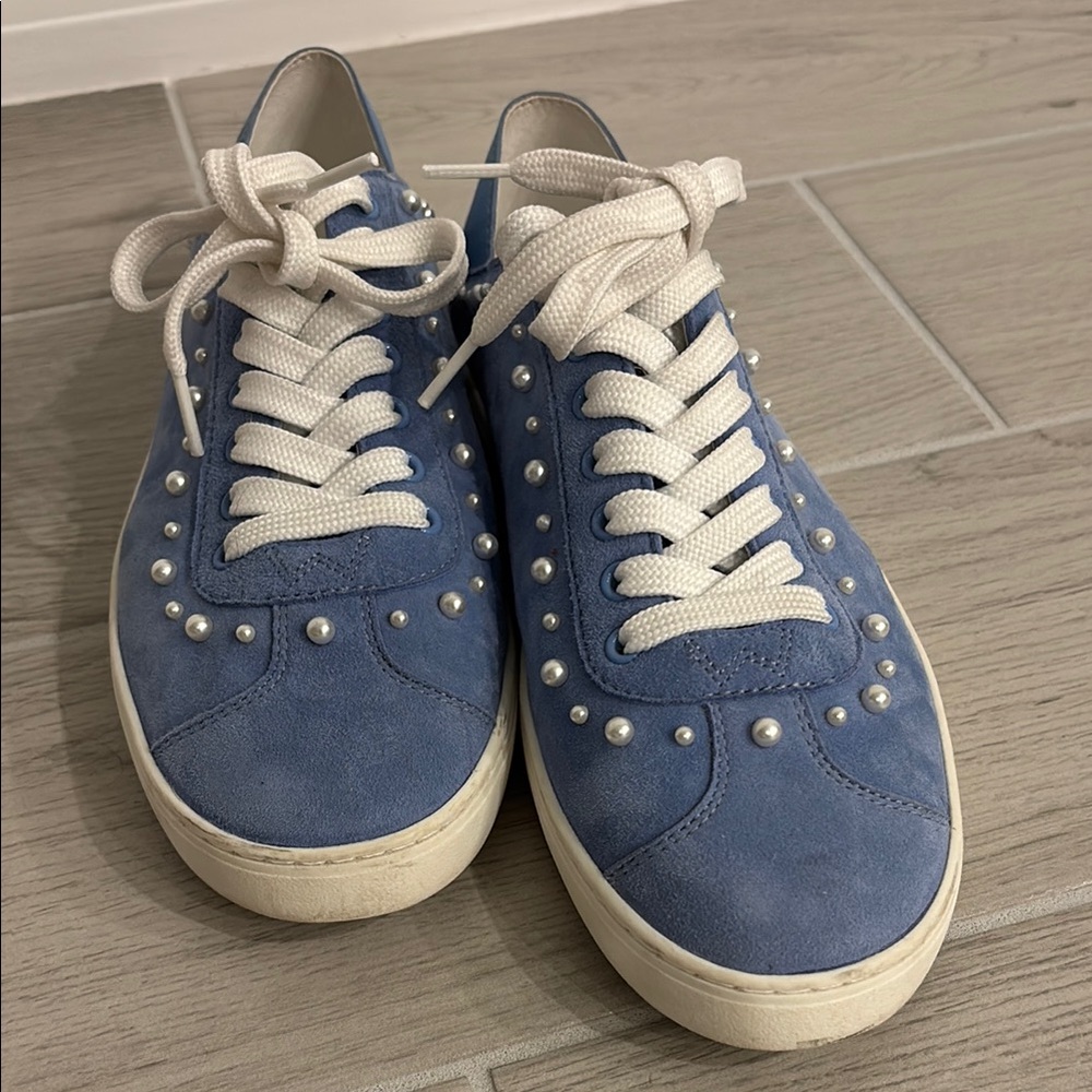 Stuart Weitzman Suede Blue 8.5 Sneakers Pearl Embellished